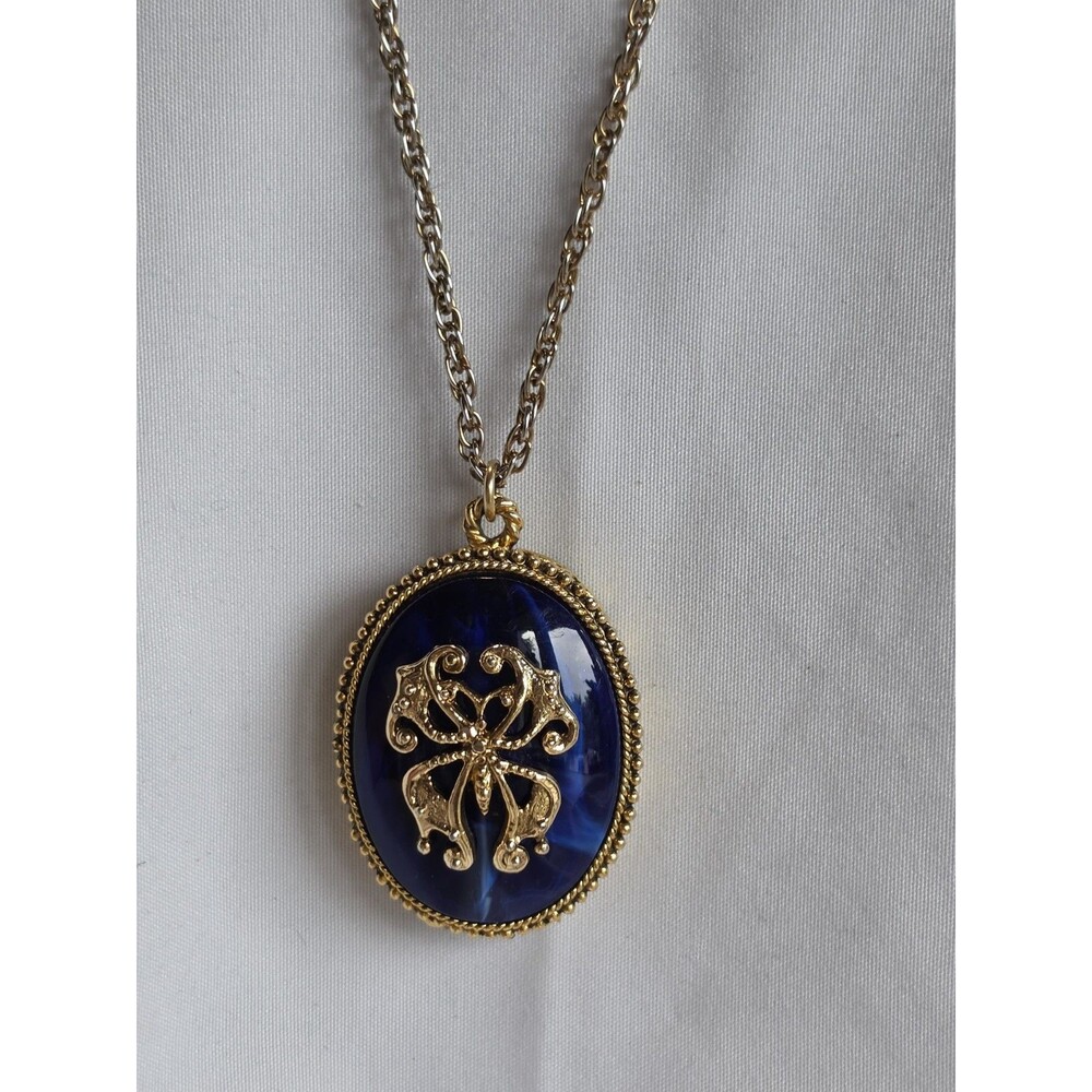 Vintage Max Factor Blue Lucite Solid Creme Perfume Locket Pendant 24" Necklace